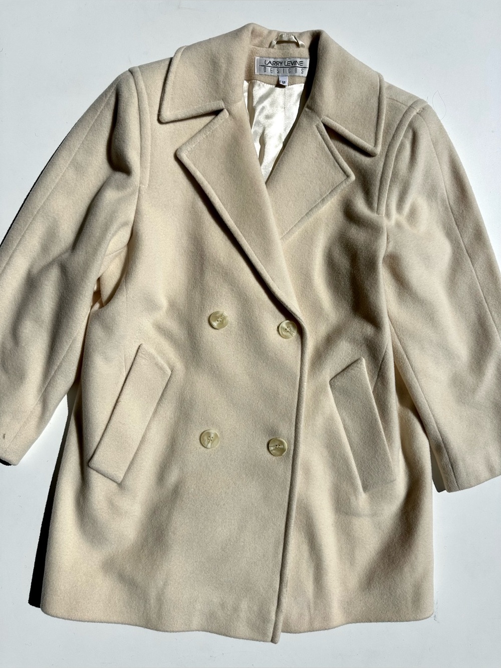 Larry Levine Cashmere Lambswool Italy Cream Double-Breasted Pea Coat, 6 P